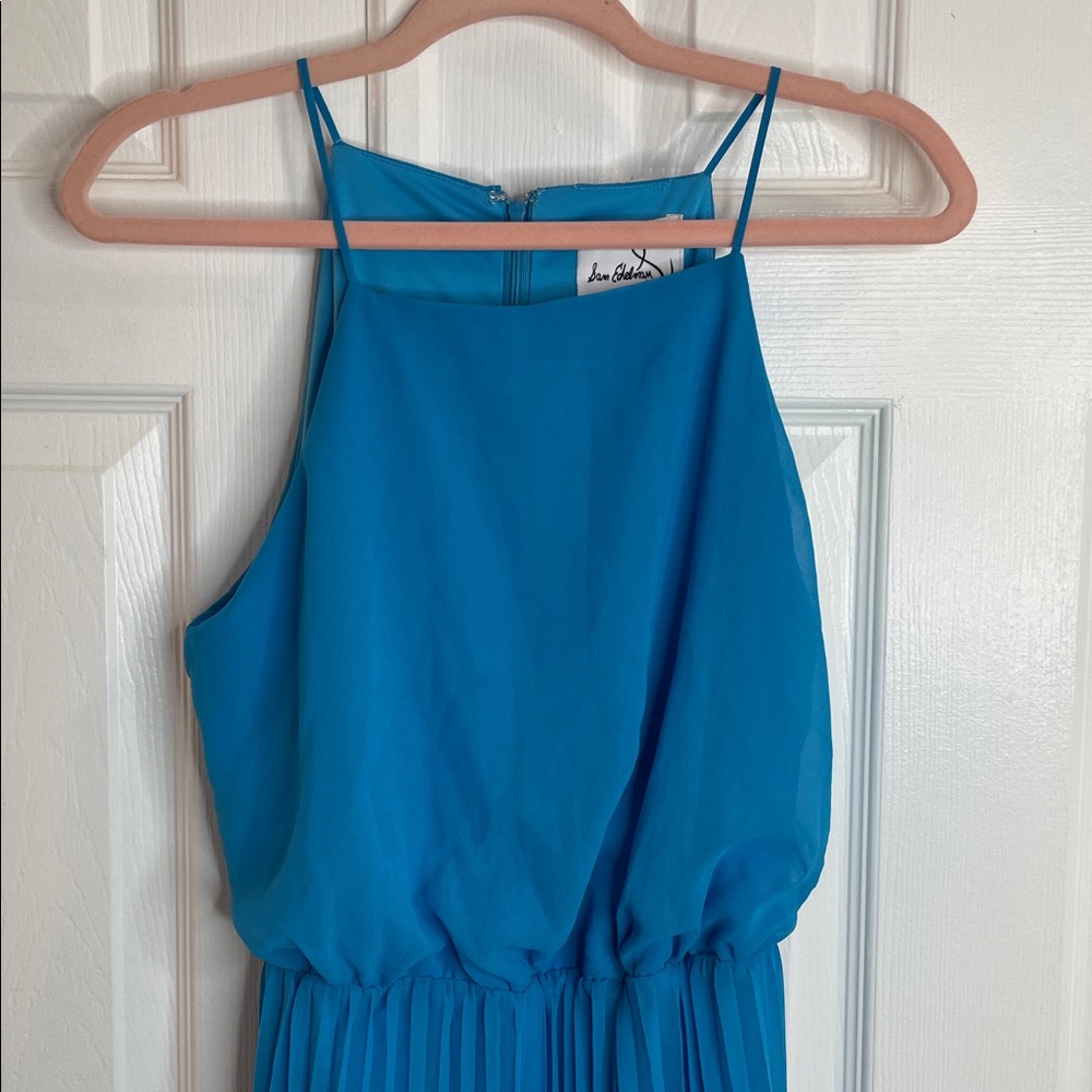 SAM EDELMAN TURQUOISE LINED BLOUSON SPAGHETTI STRAP PLEATED COCKTAIL DRESS SZ 8 - Picture 7 of 12